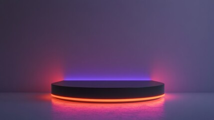 Black Pedestal Platform Display with Neon Accents in Modern White Room Background for Product Presentation and Exhibition Stage
