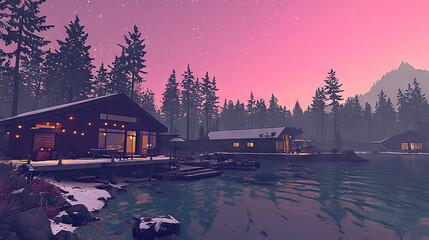 Wall Mural -  'A cabin on a lake with a dock in the foreground and mountains in the background, created by AI'