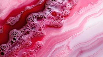 Poster - Detailed close-up image of abstract pink patterns infused with bubbles, highlighting texture and fluid dynamics, symbolizing creativity and modern artistic vibes.