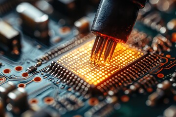 Poster - Close-up of a Microchip with a Probe Testing Its Pins