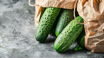 Wall Mural - Fresh Cucumbers in Paper Bags on a Rustic Surface: Organic Green Vegetables for a Healthy Diet