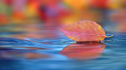 Poster -   A red leaf floats on a body of water with a rainbow-colored wall in the background