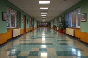 Poster - Empty Hallway With Green Walls, Tile Floor, and Windows
