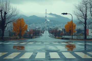 Empty Street Leading to a Cityscape with a Tall Tower