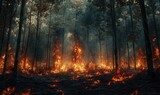 Fototapeta  - Flames engulfing trees in a forest, the fire spreading rapidly through the dry underbrush