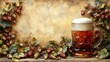 © Denys - Freshly poured mug of beer with a foamy head sits on a rustic wood surface surrounded by fresh green and brown hops vines. The background is a textured brown wall, providing ample copy space
