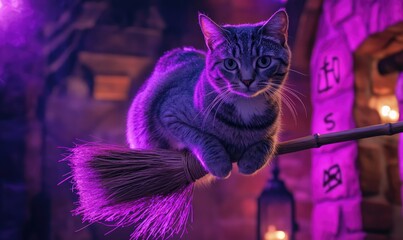 Wall Mural - A cat is sitting on a broomstick in a purple room