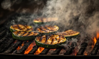 Grilled zucchini and eggplant slices roasting over red-hot coals