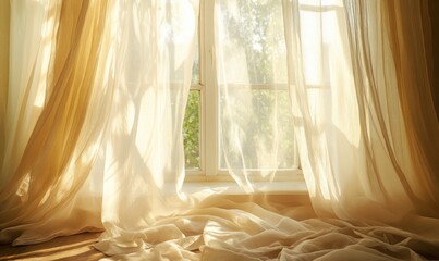 Canvas Print - Light, airy curtains, soft sunlight streaming through, delicate fabric softly moving