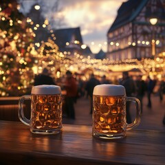 Canvas Print - Two foamy beers are standing on a wooden bar counter with a christmas market in the background. People are walking and enjoying the festive atmosphere of the market