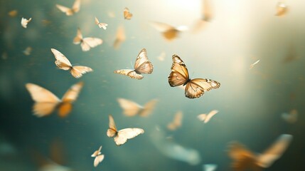 Sticker -   A group of butterflies soaring against a blue sky, bathed in sunlight from behind