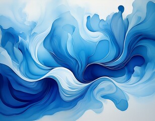 Wall Mural - Beautiful abstraction of blue liquid paints in slow blending flow mixing together gently