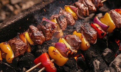 Meat and vegetable skewers roasting over coals