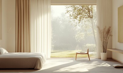 Minimalist guest room, window with neutral curtains