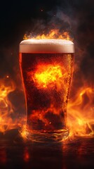 Canvas Print - Refreshing glass of cold beer is engulfed in flames, showcasing the intensity and passion associated with this beloved beverage