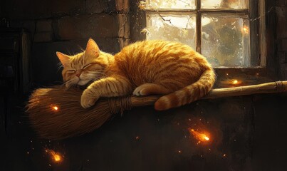 Wall Mural - Orange cat curled up comfortably on a witch's broom