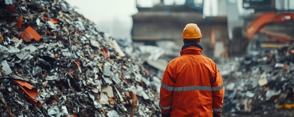 Industrial worker in an orange jacket and hardhat stands near a large pile of scrap metal at a recycling plant, emphasizing sustainable practices in manufacturing