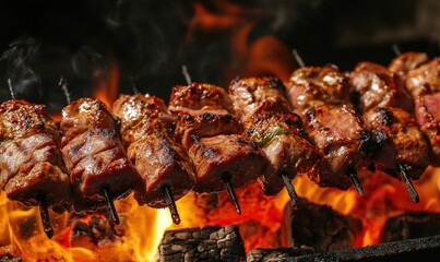 Wall Mural - Meat grilling over a bed of red-hot coals