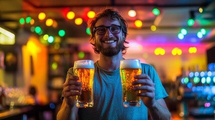 cheerful bartender holding two glasses of beer in a vibrant pub setting, surrounded by colorful ligh