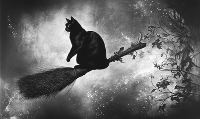 Wall Mural - Sleek black cat balancing elegantly on a witch's broom, broom held aloft by unseen magic