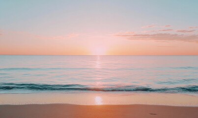 A beautiful beach with a pink and orange sunset in the background