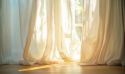 Canvas Print - Soft, semi-transparent curtains, lightly billowing in the morning sun