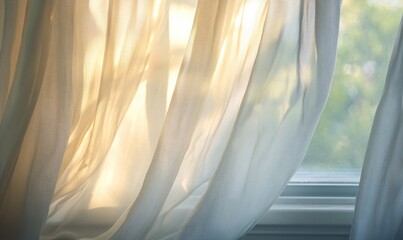 Wall Mural - Soft, semi-transparent curtains, lightly billowing in the morning sun