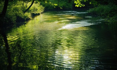 Wall Mural - A body of water with a reflection of the sky and trees