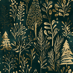 Wall Mural - Christmas woodland gold foil linocut style seamless pattern of trees