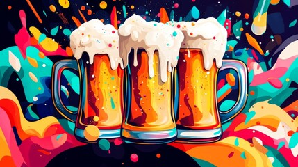 Canvas Print - Three overflowing beer mugs on colorful abstract background. Perfect for celebration. Cold. Refreshing ale captured in vibrant style. Ideal for bars and parties. Cheers to the thirst-quenching lager!