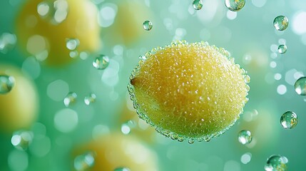 Wall Mural -   A zoomed-in view of a yellow fruit adorned with droplets of water on both the top and bottom of the frame