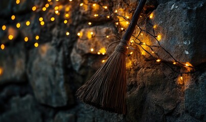 Wall Mural - Witch's broom adorned with glowing garlands