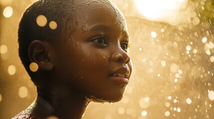 Wall Mural - A close up of a young boy with water on his face, AI