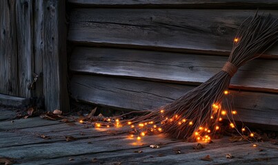 Wall Mural - Witch's broom adorned with glowing garlands