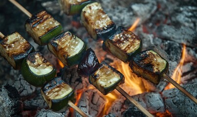 Wall Mural - Zucchini and eggplant skewers slowly roasting over glowing embers