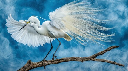 Poster -   A white bird perched atop a tree branch, with a long white feather streaming overhead