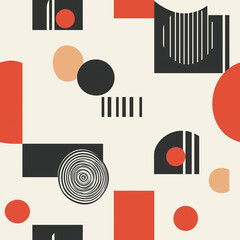 Wall Mural - Geometric minimalist seamless pattern with clean lines and circles. Beige, off white, back and red colors