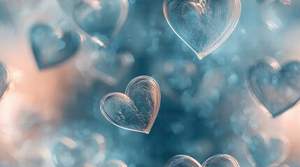   A cluster of hearts suspended in mid-air, surrounded by bubbles, and an obscured backdrop of airborne bubbles