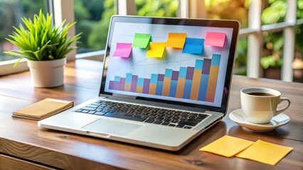 A modern laptop displays a social media analytics dashboard, surrounded by colorful sticky notes and coffee cups, symbolizing a strong online business connection.