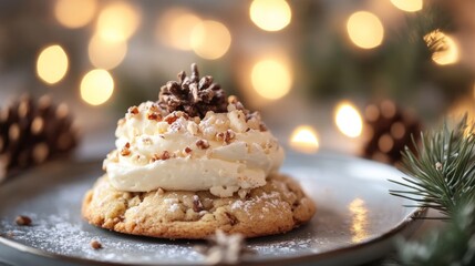 Brittle cookie with cream and lights in the background -