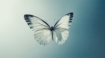 Sticker -   A butterfly, its wings white and black against a clear blue sky, flies gracefully in the air