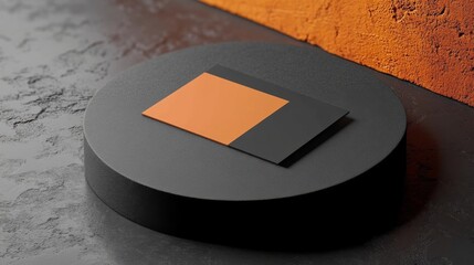 black and orange business card isolated on black podium background