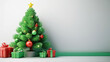 © James H Becker - Cartão de Natal, carta de natal. Pequena arvore de natal no canto esquerdo da tela, decorada com caixas de presentes em baixo dela. Render 3d, fundo claro com espaço para escrita.