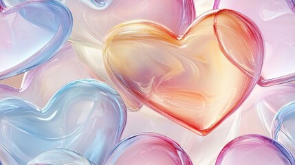 Sticker -   Close-up of pastel pink, blue, and yellow heart cluster on white background