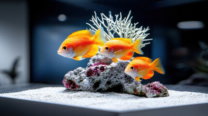 Wall Mural - Three vibrant orange goldfish swimming around coral decor in a well-lit aquarium with a clean, sandy substrate.