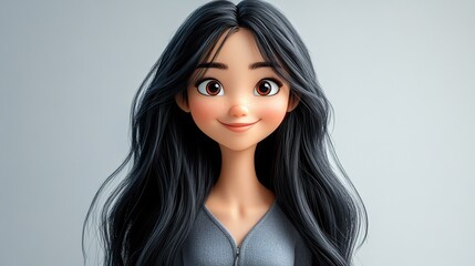 
A 3D cartoon of a smiling Asian girl with long black hair