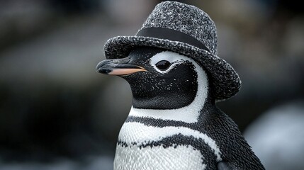 Poster -   A black and white penguin wearing a hat and another black and white penguin wearing a gray hat