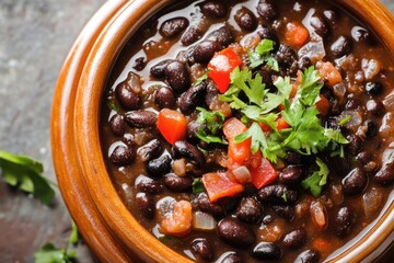 Cuban Black Beans. Close Up of Stewed Spicy Black Beans in a White Bowl. Healthy Vegetarian Food