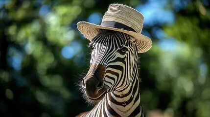 Poster -   A zebra wearing a hat in front of a tree in the background