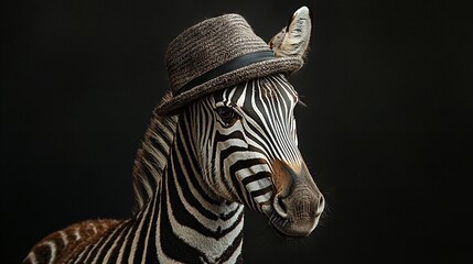 Canvas Print -   A close-up photo of a zebra wearing a hat on its head, with a zebra head visible in the background